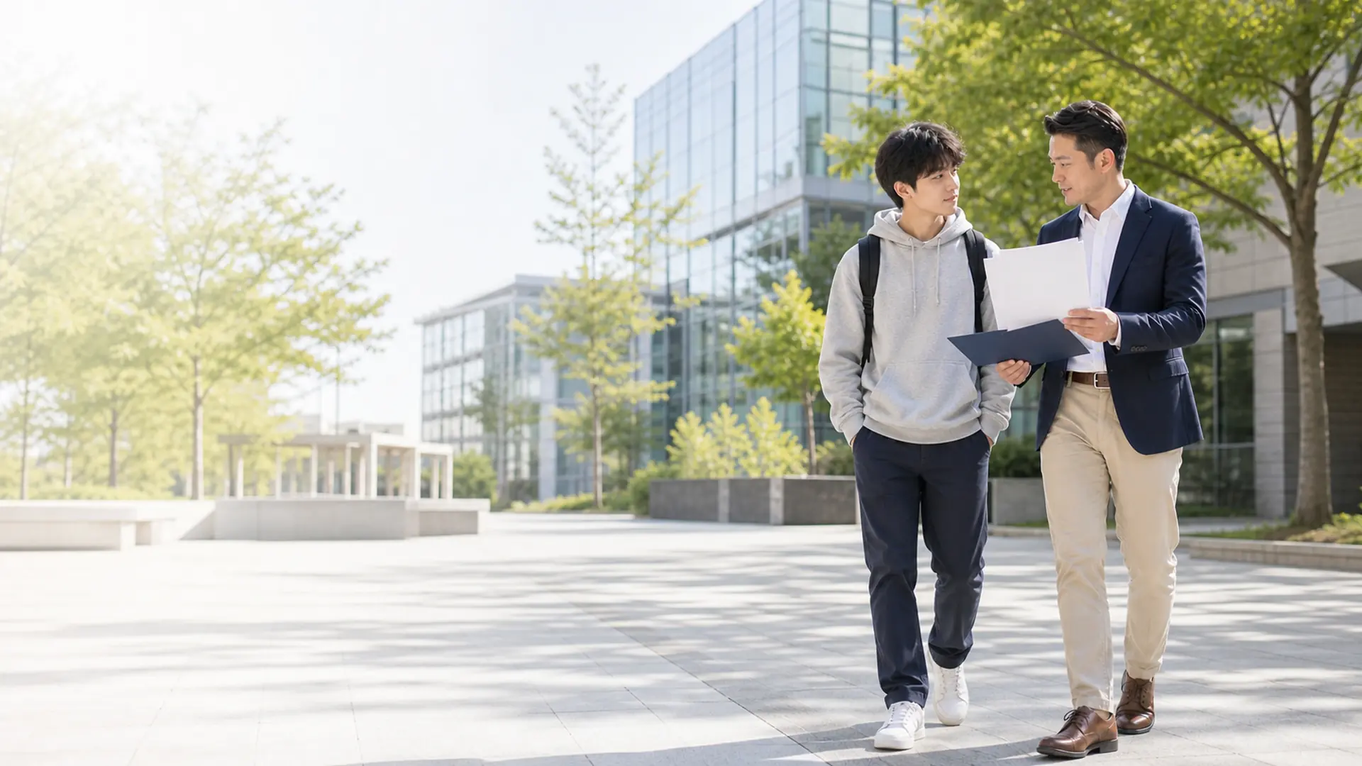 学生与导师在大学校园查看美本规划文件